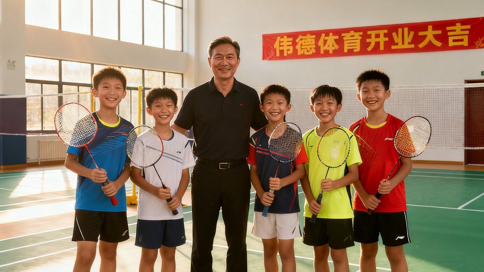 伟德体育创始人陈伟德在2016年首家场馆开业当天与首批学员的合影,背景是崭新铺设的羽毛球场地,墙面挂着开业横幅,几位青少年学员手持球拍笑容灿烂,阳光从大窗洒入照亮整个空间。