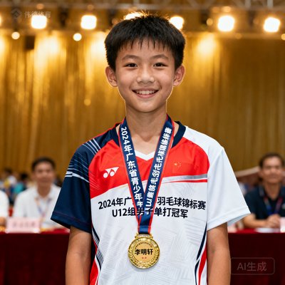 12岁学员李明轩的肖像照,穿着伟德体育队服,胸前挂着2024年广东省青少年羽毛球锦标赛U12组男子单打冠军金牌,背景是颁奖典礼现场。