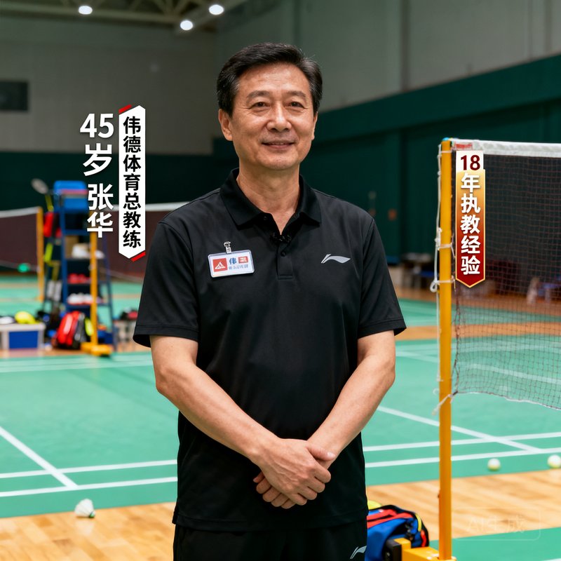 伟德体育总教练张建华的个人照,45岁,穿着黑色教练服,双手交叉站立在羽毛球场边,表情专注而温和,他曾是国家羽毛球队退役运动员,拥有18年执教经验。